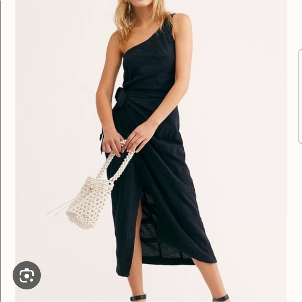 Anthropologie One-Shoulder Linen Dress In Black Size 2 Wrap Dress